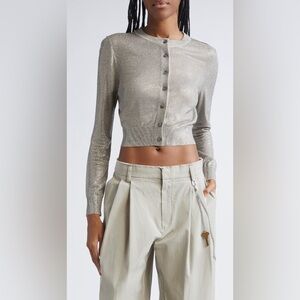 NWT Alexander Wang Cropped Crewneck Cardigan w/ clear beaded Hotfix L Champagne